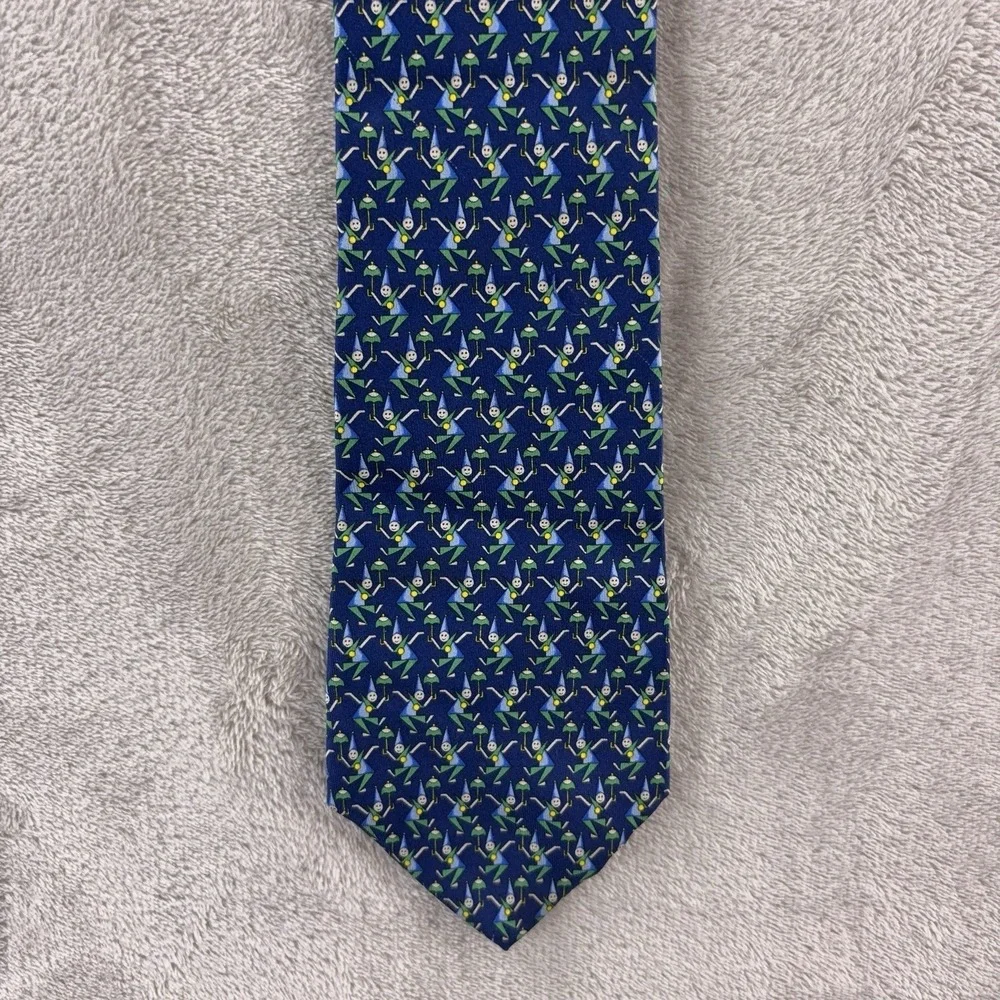 Salvatore‎ Ferragamo Necktie Mens Blue Novelty Golf Print Italy Silk Luxury